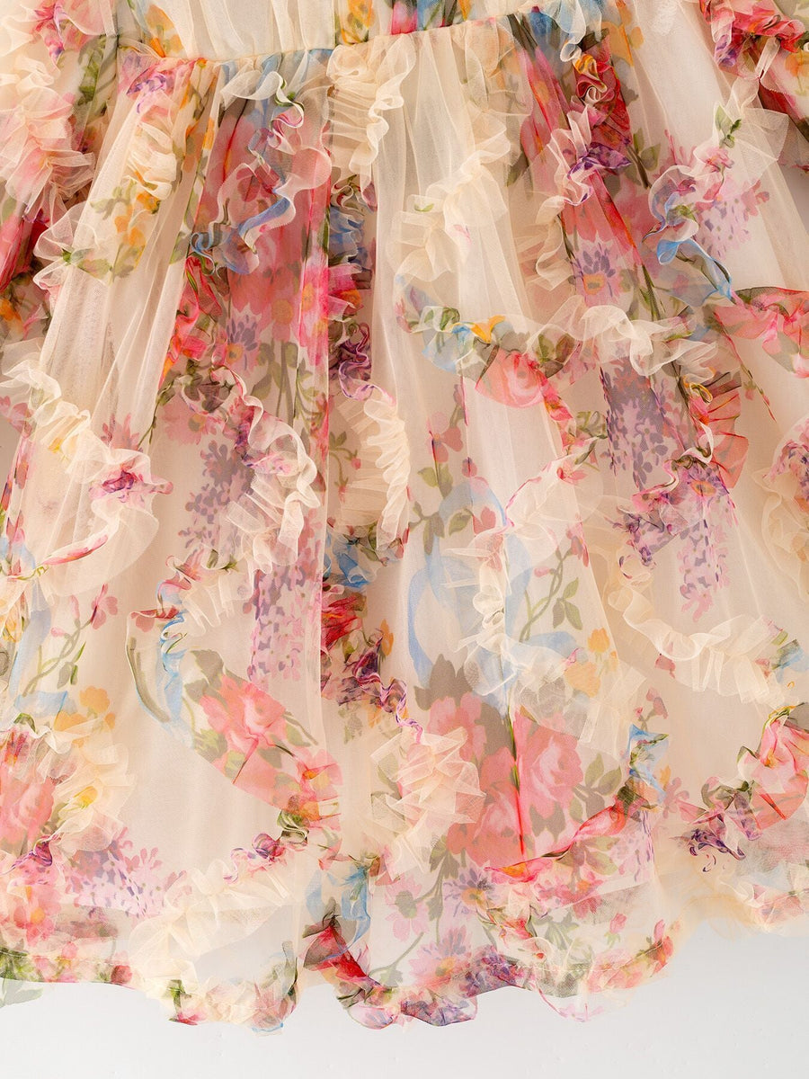 Pastel Flower Ruffle Layered Girls Dress
