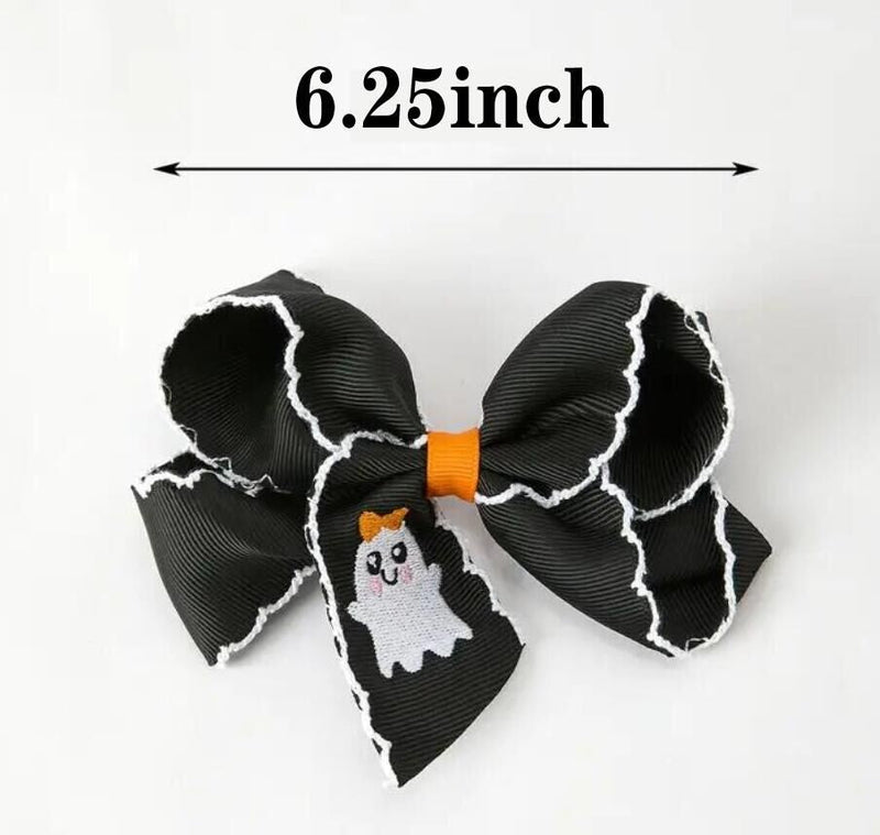 Halloween Ghost Embroidered Black Bow Hairpin - 2