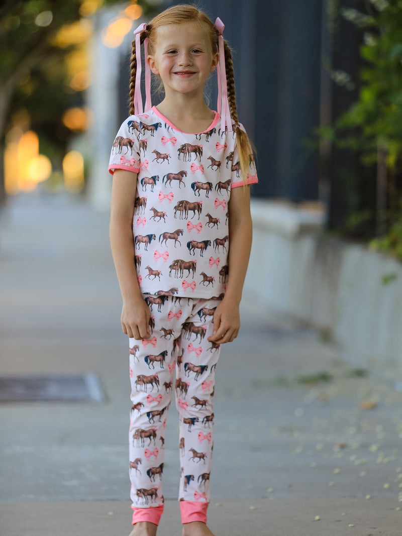 Girls Western Horse Bow Pajamas Set Print - 3