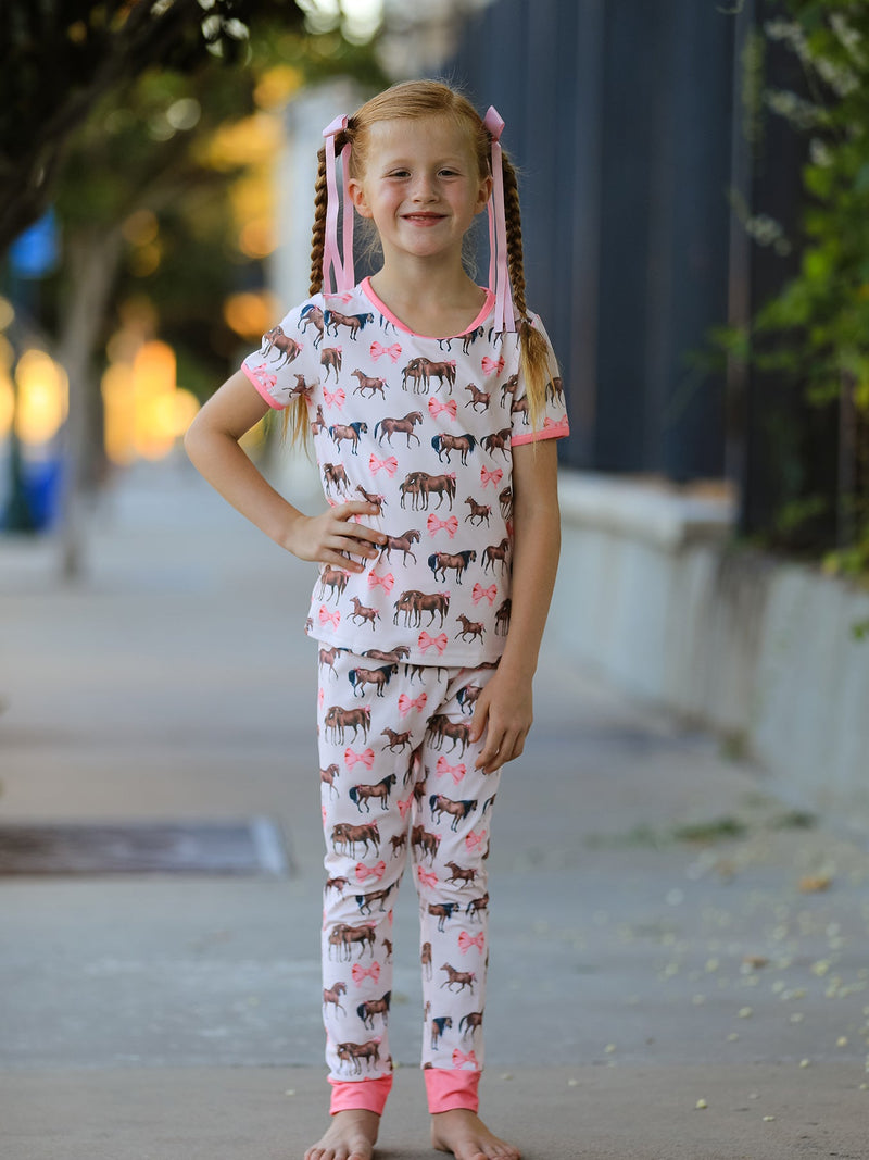 Girls Western Horse Bow Pajamas Set Print - 1