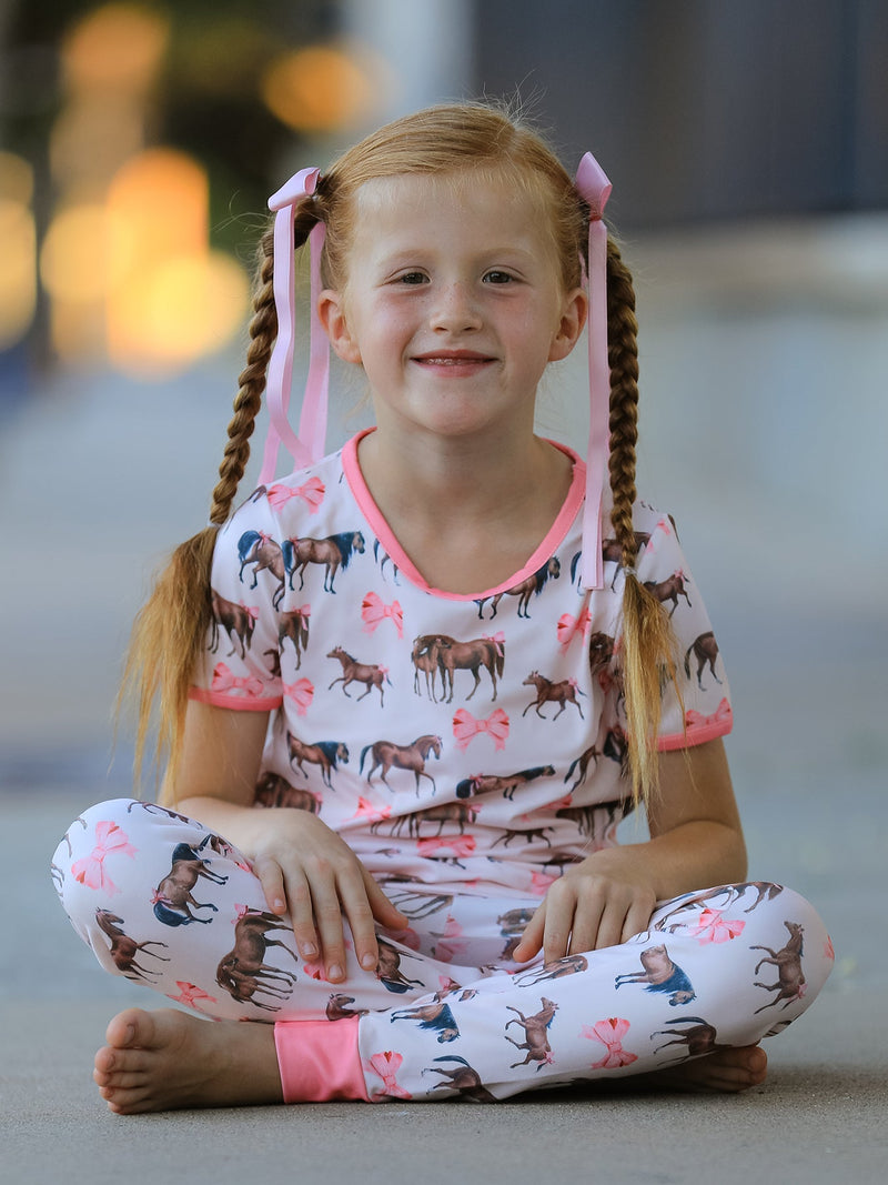 Girls Western Horse Bow Pajamas Set Print - 4