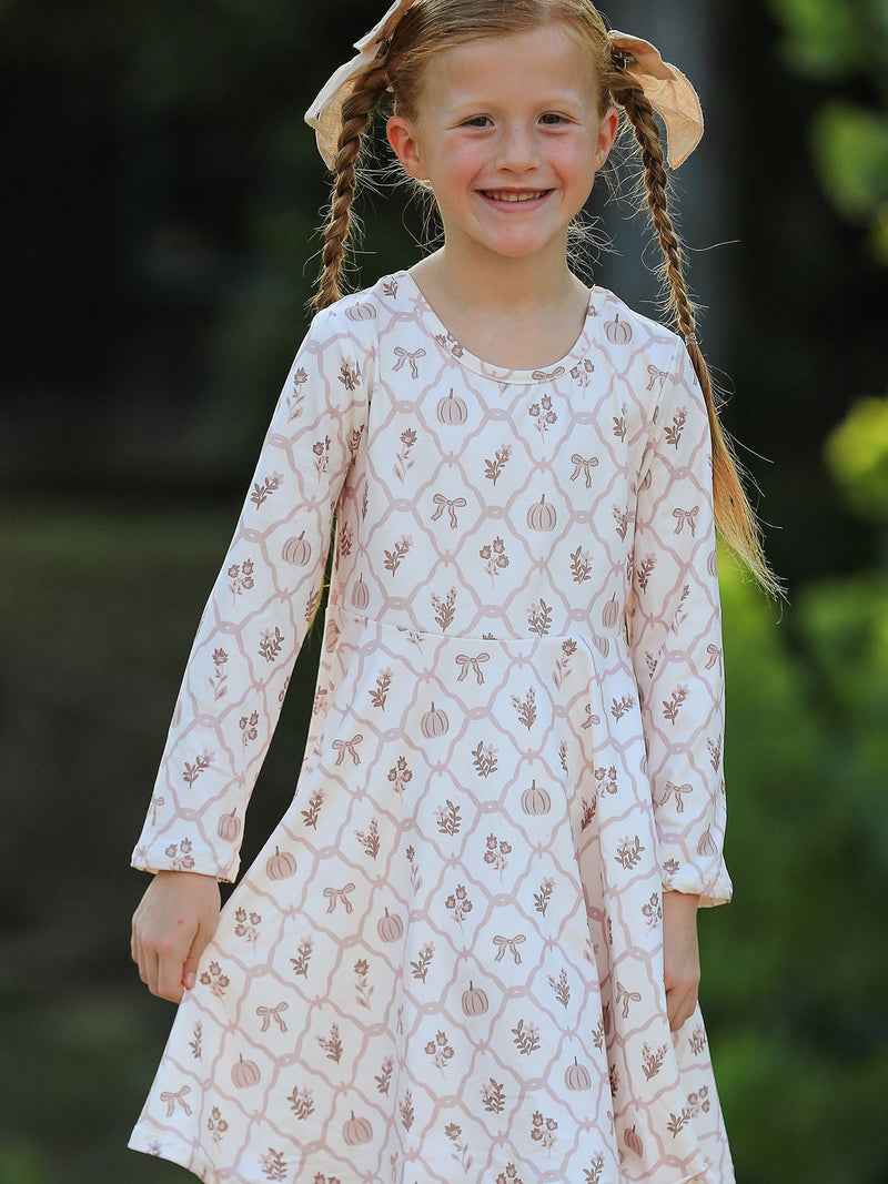 Fall Pumpkin Bow Girls Twirl Dress - 1