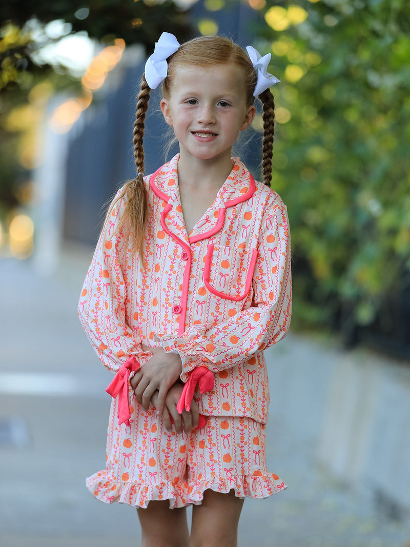 Halloween Thanksgiving Pumpkin Bow Girls Pajama Set - 1