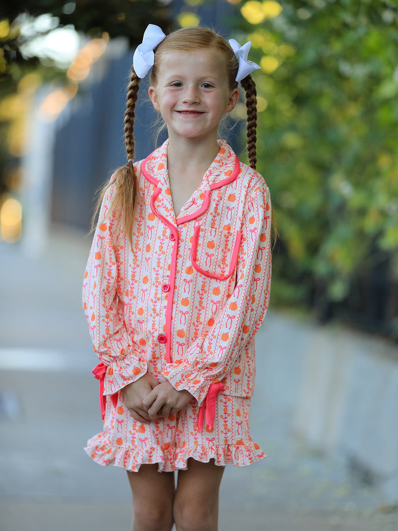 Halloween Thanksgiving Pumpkin Bow Girls Pajama Set - 2