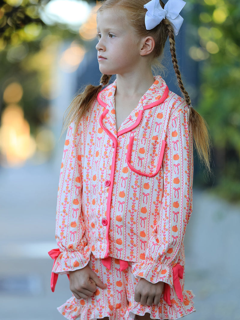 Halloween Thanksgiving Pumpkin Bow Girls Pajama Set - 3