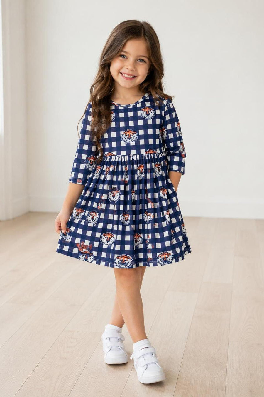 Auburn Plaid Aubie 3/4 Sleeve Pocket Twirl Dress