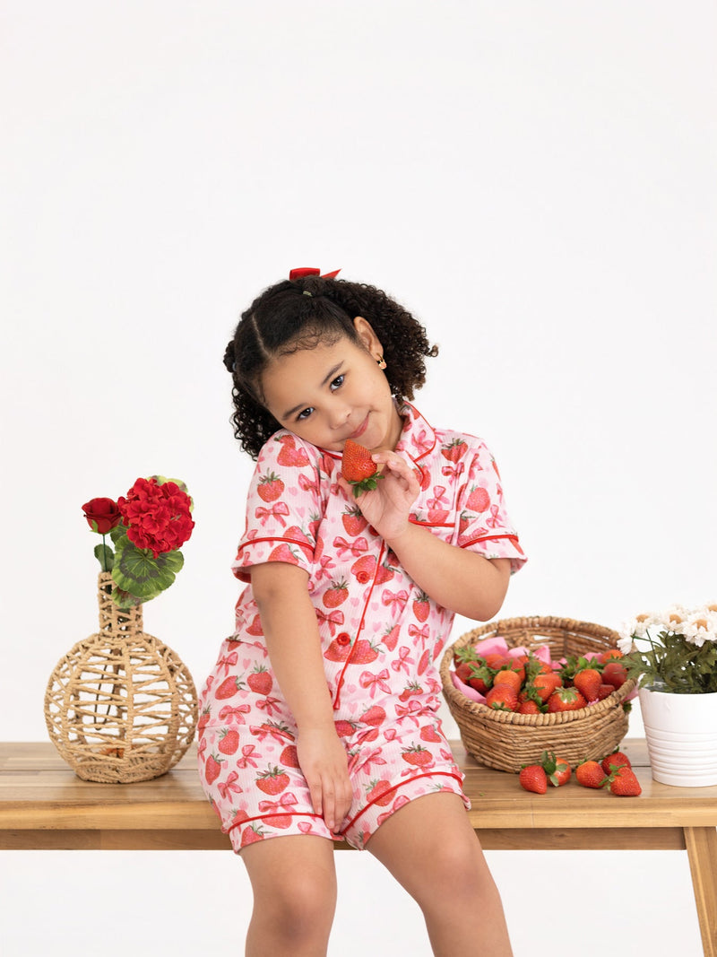 Spring Strawberry Bow Short Sleeve Shorts Pajama Set - 5