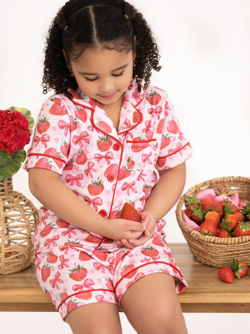 Spring Strawberry Bow Short Sleeve Shorts Pajama Set - 2