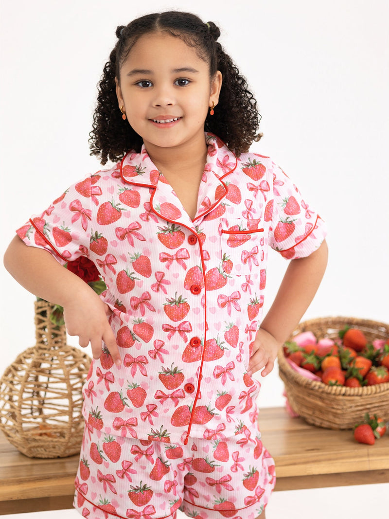 Spring Strawberry Bow Short Sleeve Shorts Pajama Set - 3