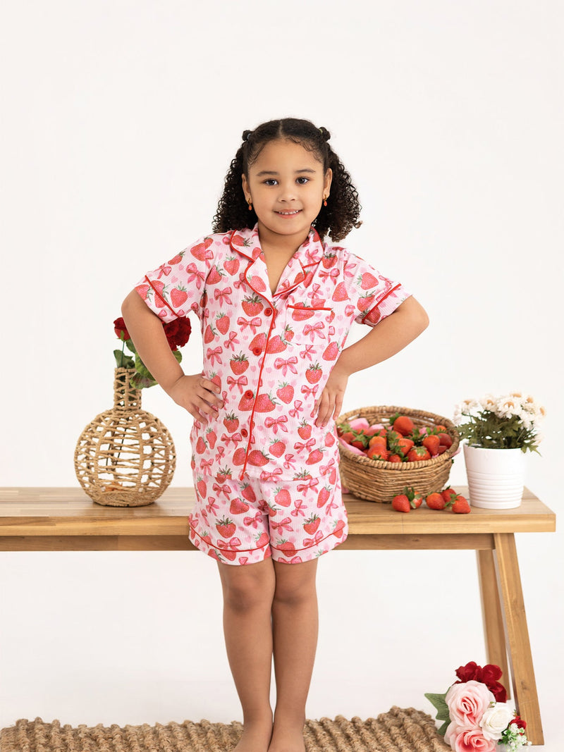 Spring Strawberry Bow Short Sleeve Shorts Pajama Set - 4