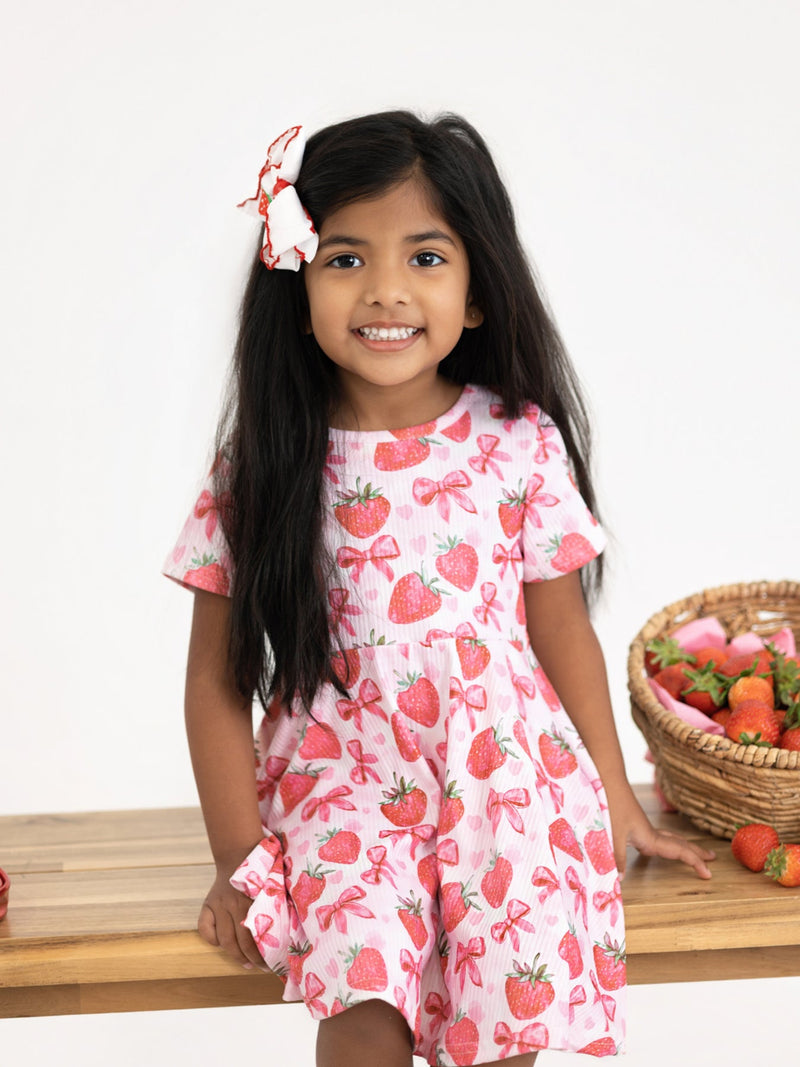 Summer Strawberry Bow Girls Short Sleeve Dress - 2