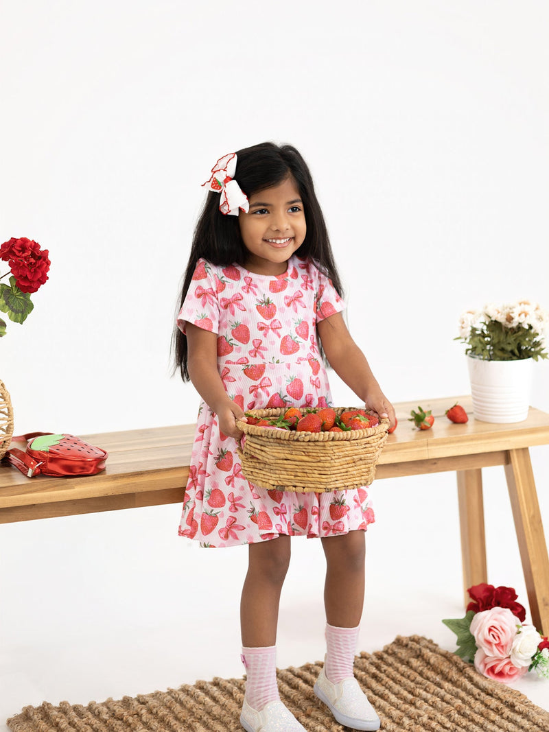 Summer Strawberry Bow Girls Short Sleeve Dress - 5
