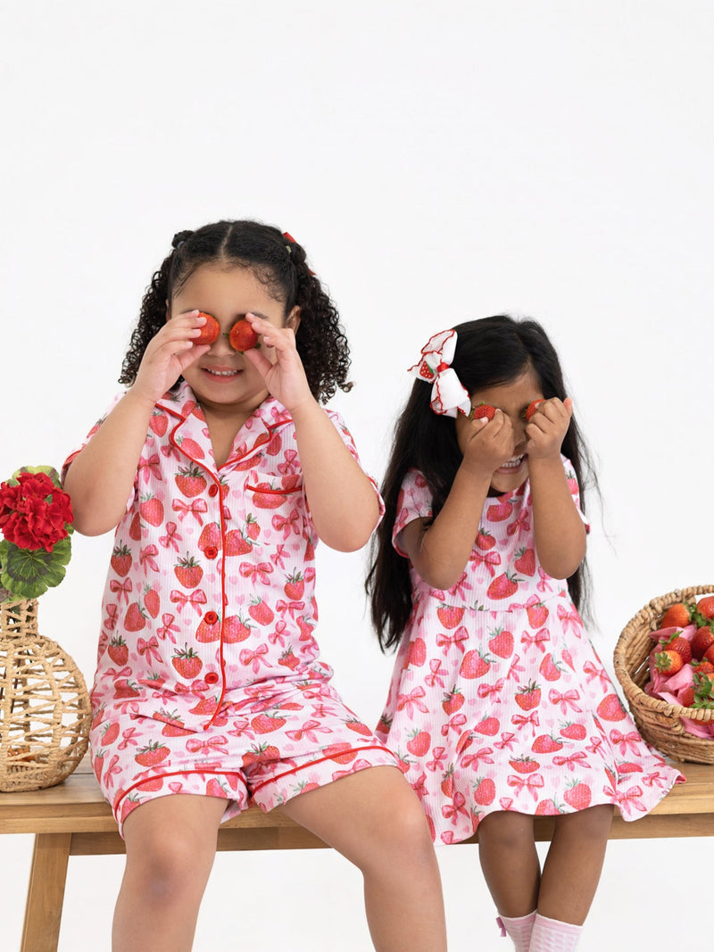 Spring Strawberry Bow Short Sleeve Shorts Pajama Set - 6