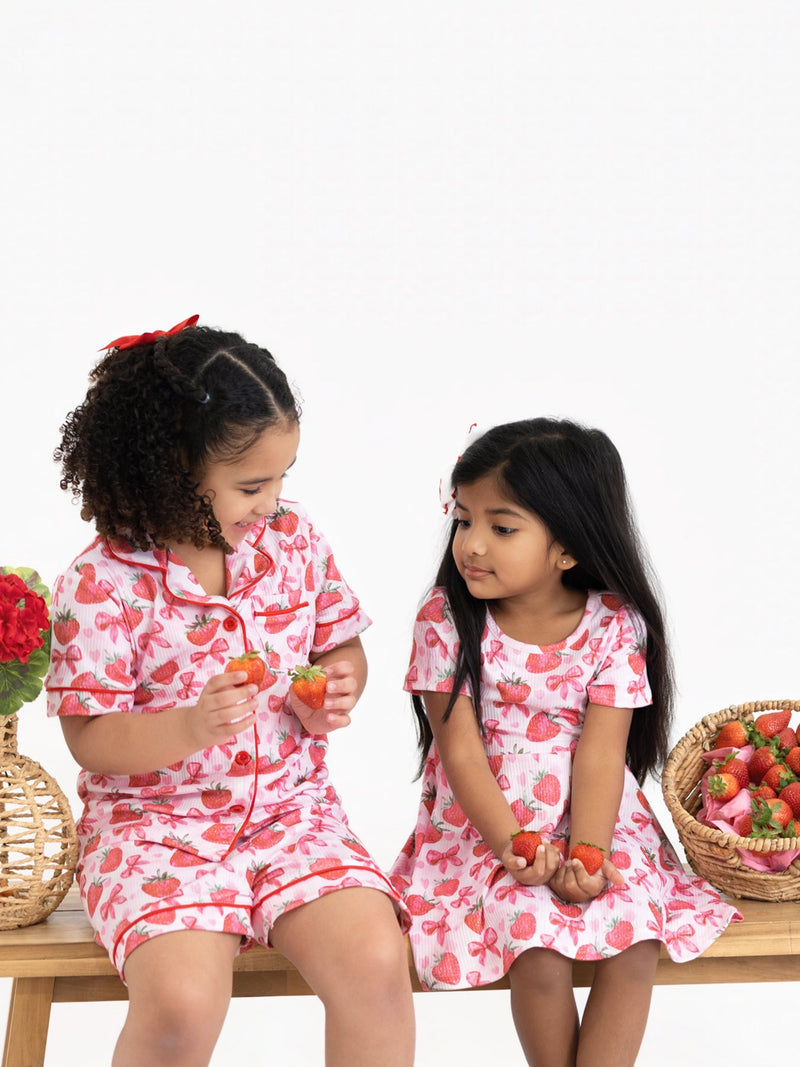 Summer Strawberry Bow Girls Short Sleeve Dress - 7