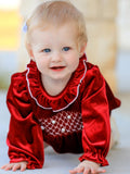 Christmas Velvet Smocked Baby Bubble Romper with Pearl Detail - 2