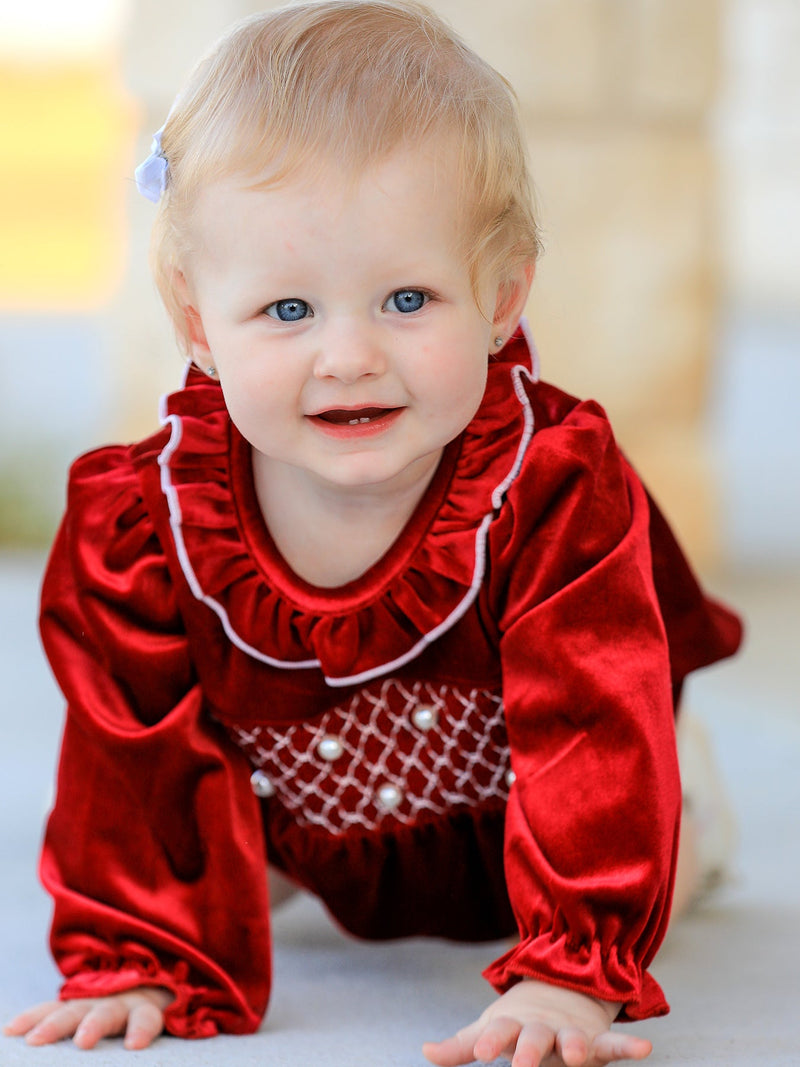 Christmas Velvet Smocked Baby Bubble Romper with Pearl Detail - 2