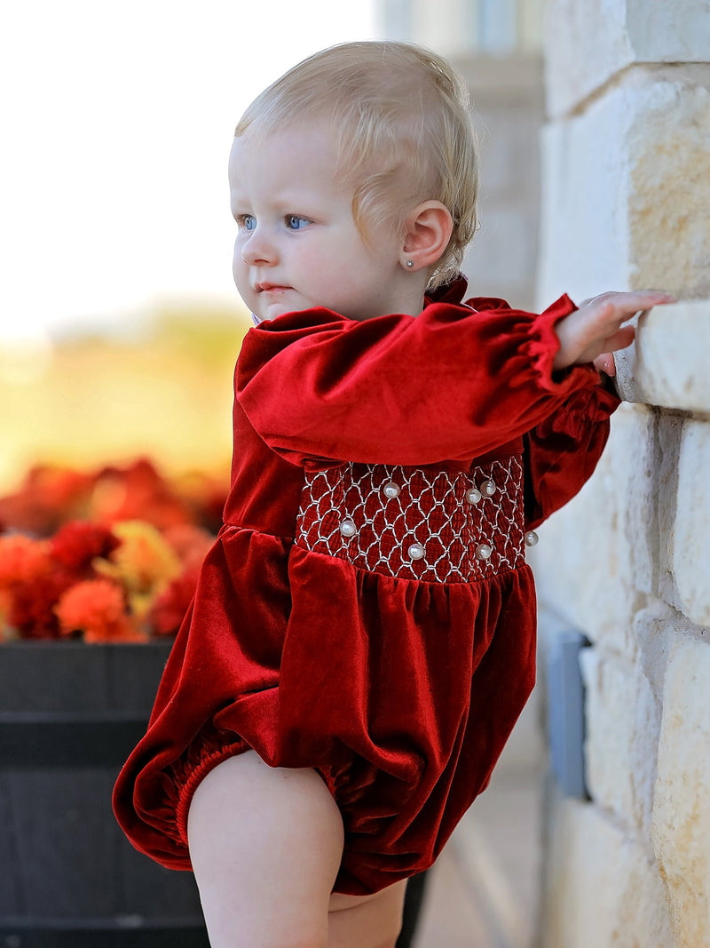 Christmas Velvet Smocked Baby Bubble Romper with Pearl Detail - 5