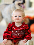 Christmas Velvet Smocked Baby Bubble Romper with Pearl Detail - 4