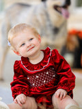 Christmas Velvet Smocked Baby Bubble Romper with Pearl Detail - 3
