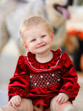 Christmas Velvet Smocked Baby Bubble Romper with Pearl Detail - 1