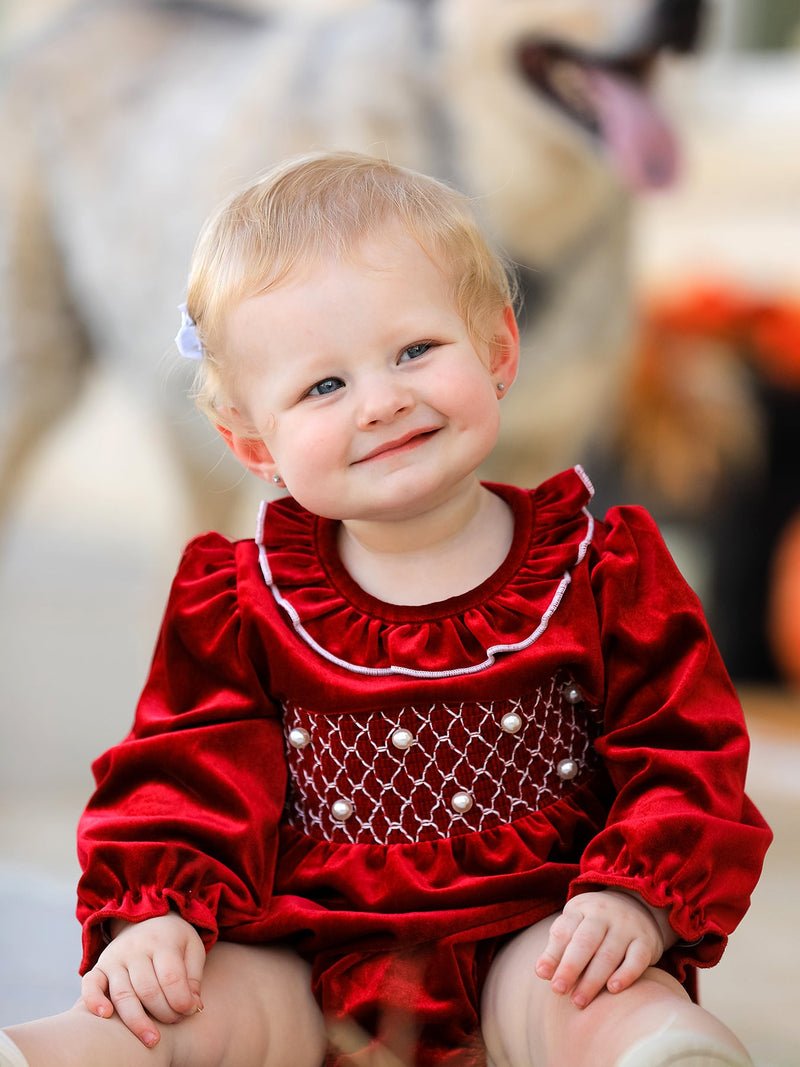 Christmas Velvet Smocked Baby Bubble Romper with Pearl Detail - 1