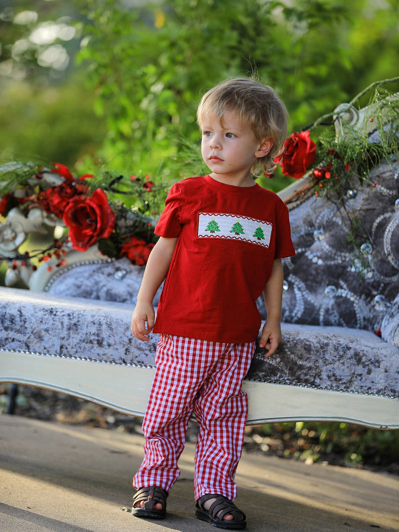Christmas Smocking Embroidered Christmas Tree Plaid Boys Set - 2