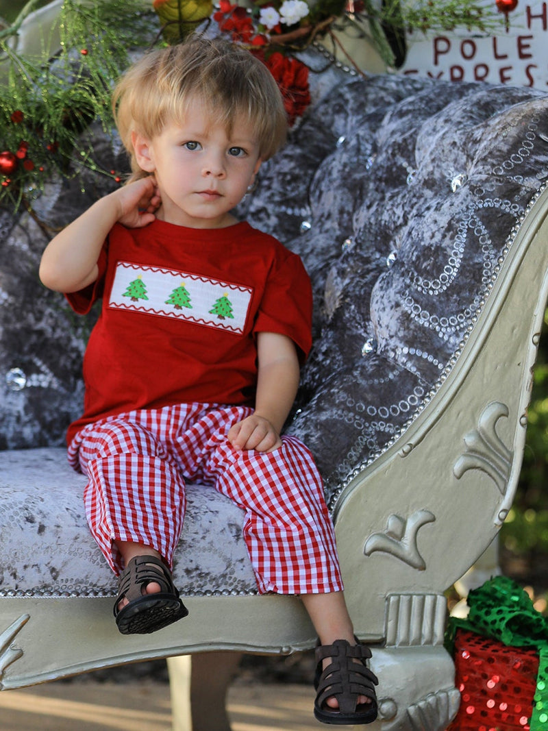 Christmas Smocking Embroidered Christmas Tree Plaid Boys Set - 5