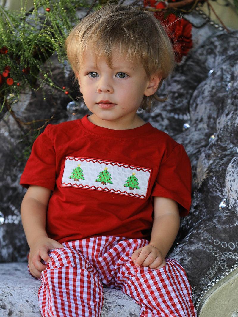 Christmas Smocking Embroidered Christmas Tree Plaid Boys Set - 3