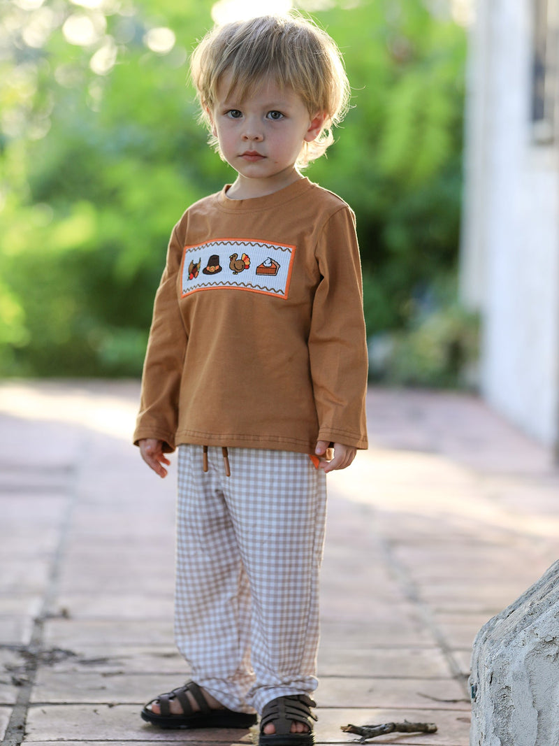Thanksgiving Boys Embroidered Shirt Gingham Pants Set Fall Outfit - 2