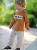 Thanksgiving Boys Embroidered Shirt Gingham Pants Set Fall Outfit - 1