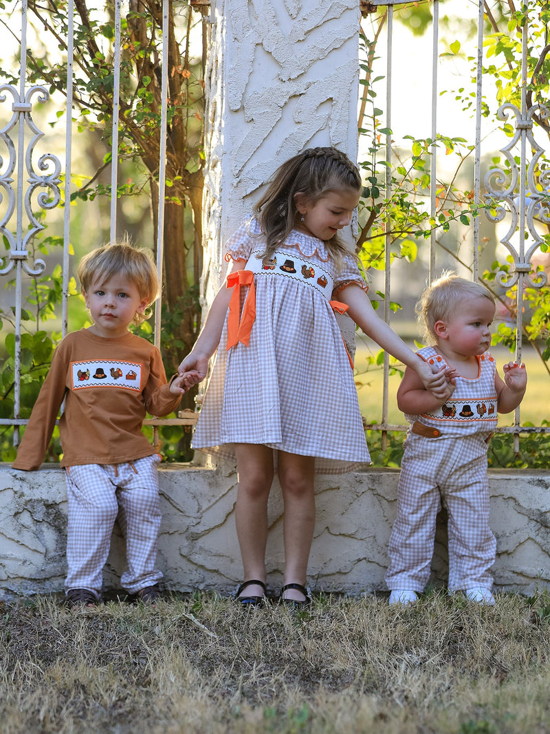 Thanksgiving Boys Embroidered Shirt Gingham Pants Set Fall Outfit - 10