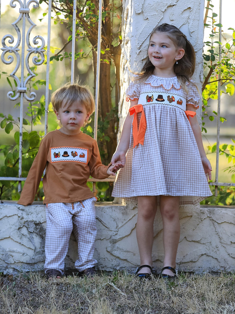 Thanksgiving Boys Embroidered Shirt Gingham Pants Set Fall Outfit - 8