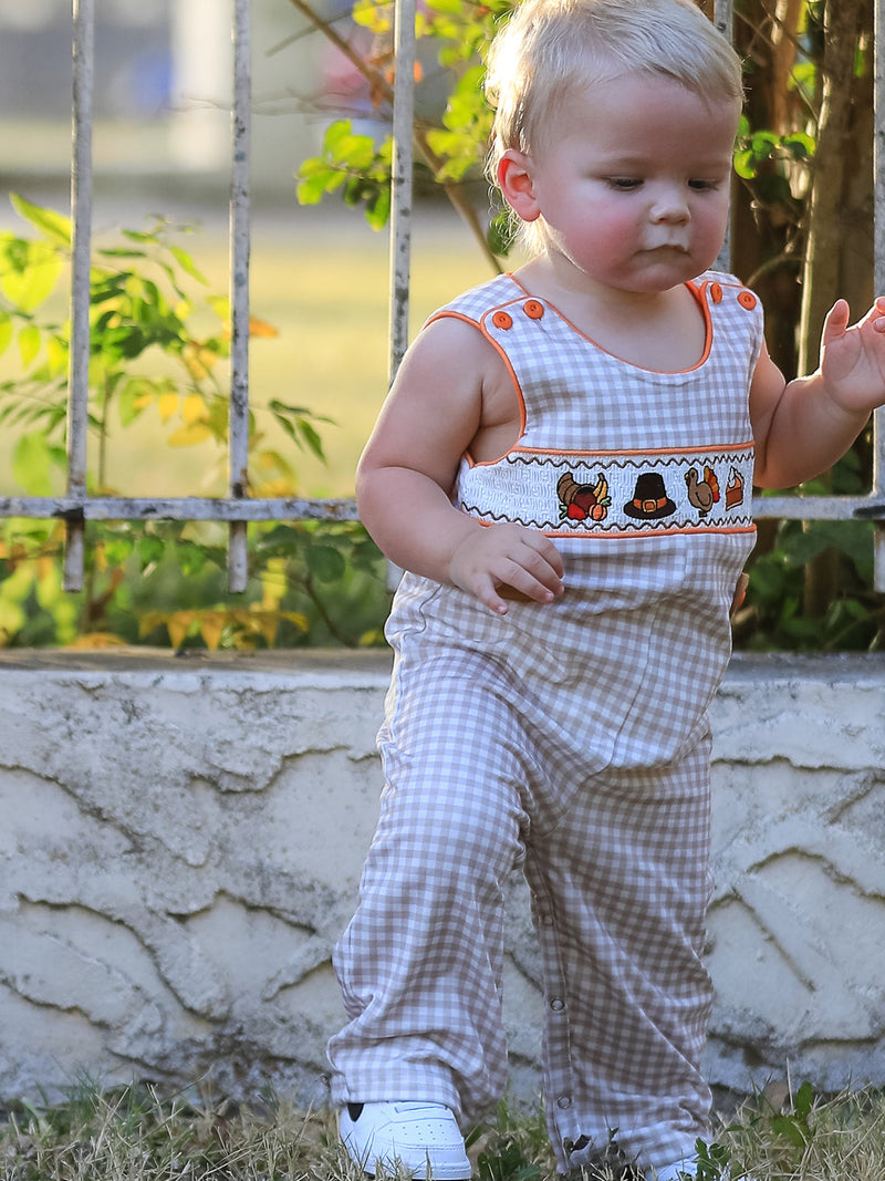 Thanksgiving Boys Gingham Jon Jon Embroidered Romper - 1