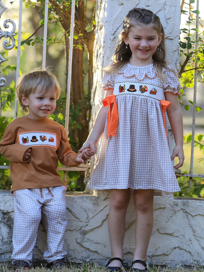 Thanksgiving Smocked Girls Dress Turkey Pumpkin Pie Embroidery - 5