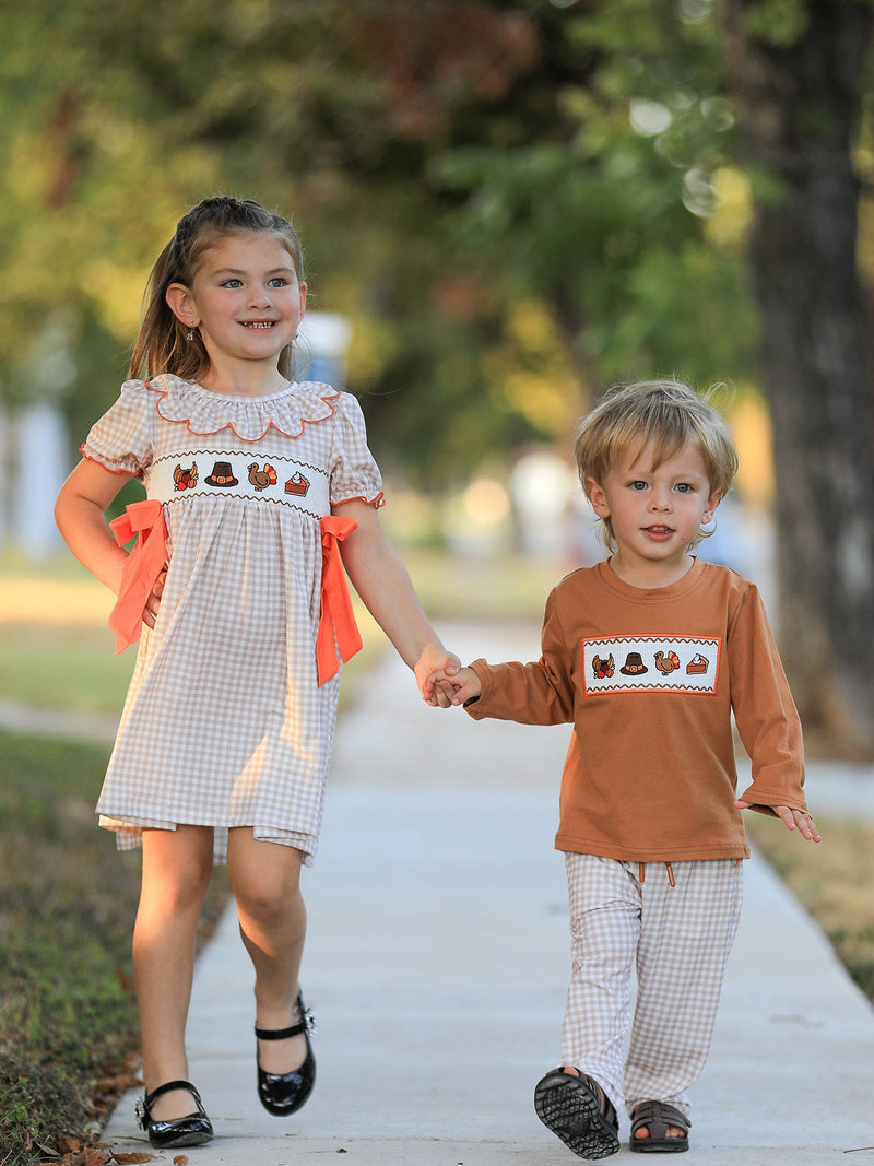 Thanksgiving Boys Embroidered Shirt Gingham Pants Set Fall Outfit - 9