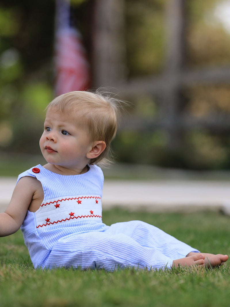 4th of july Star Embroidery Smock Boys Romper - 2