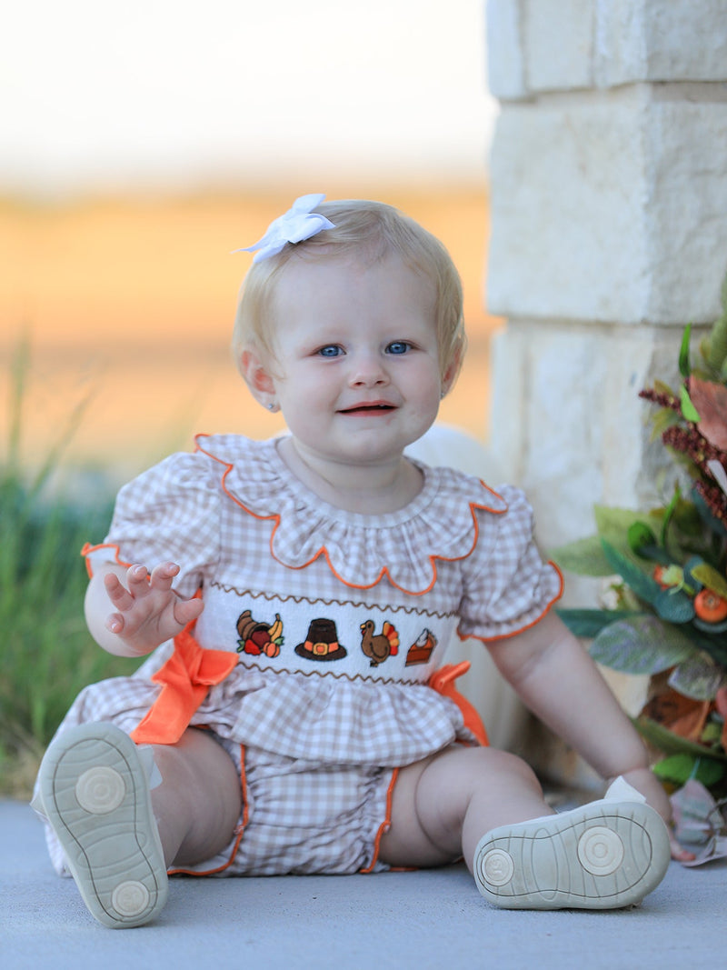 Thanksgiving Smocked Girls Dress Bloomer Set Turkey Embroidery - 2