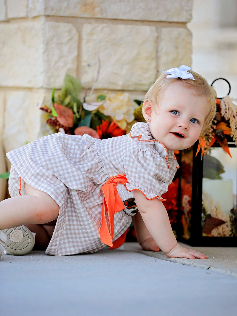Thanksgiving Smocked Girls Dress Bloomer Set Turkey Embroidery - 3