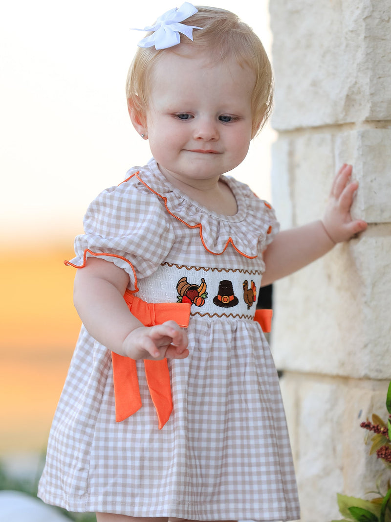 Thanksgiving Smocked Girls Dress Bloomer Set Turkey Embroidery - 12