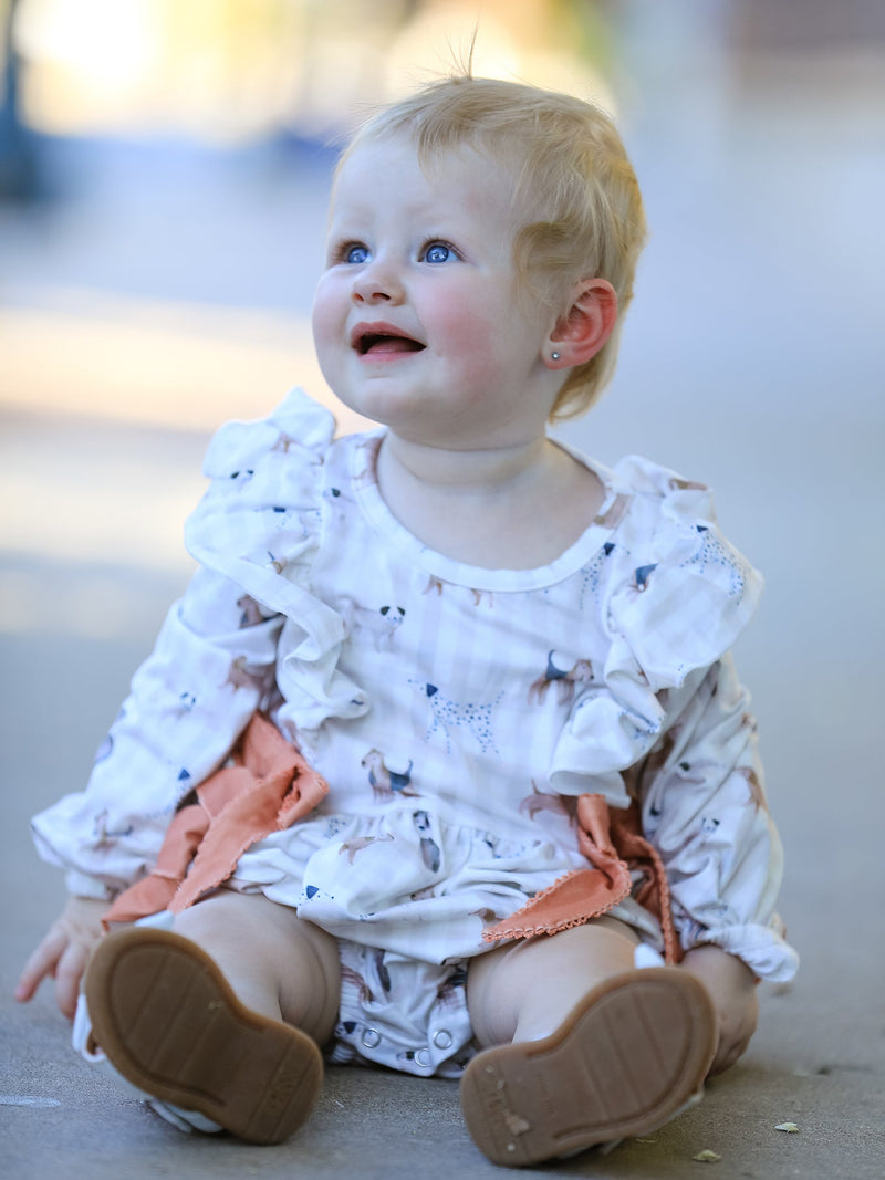 Fall Plaid Dog Print Girls Long Sleeve Romper - 1