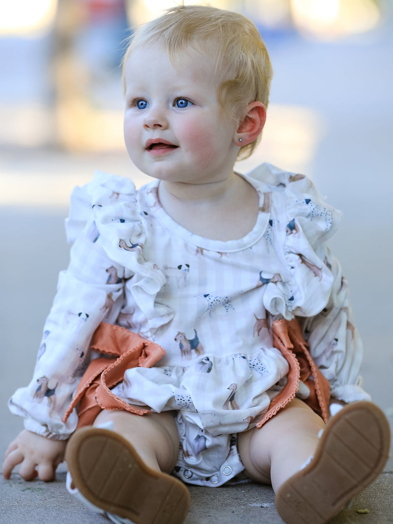 Fall Plaid Dog Print Girls Long Sleeve Romper - 2