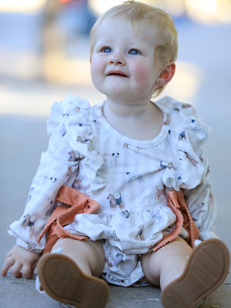 Fall Plaid Dog Print Girls Long Sleeve Romper - 3