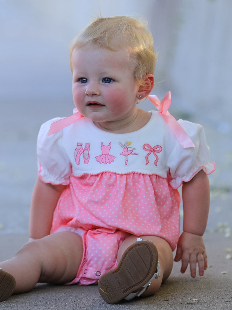 Pink Ballet Embroidery Bow Bubble Romper - 1