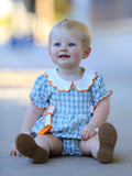 Fall Plaid Baby Girl Romper Pumpkin Bow Peter Pan Collar - 1