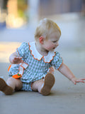 Fall Plaid Baby Girl Romper Pumpkin Bow Peter Pan Collar - 3