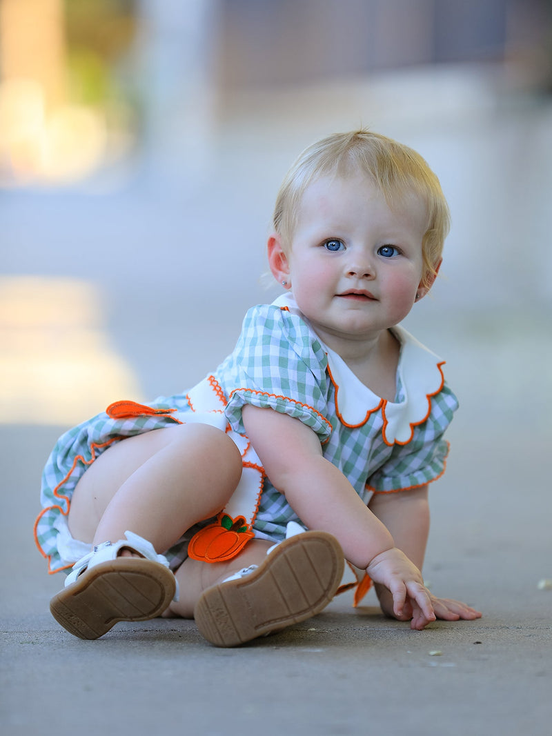 Fall Plaid Baby Girl Romper Pumpkin Bow Peter Pan Collar - 4
