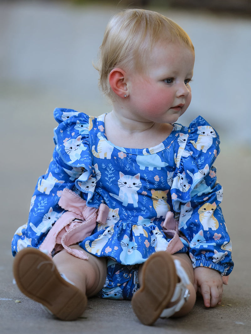 Fall Cat Print Girls Long Sleeve Romper - 1