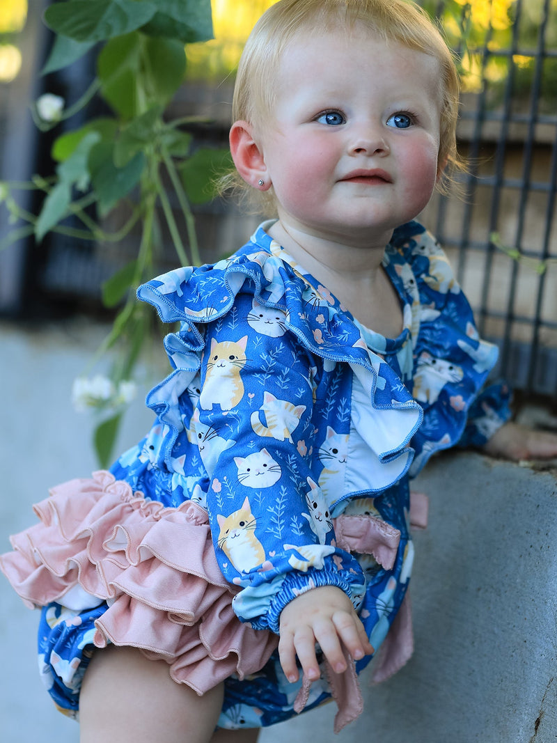 Fall Cat Print Girls Long Sleeve Romper - 4