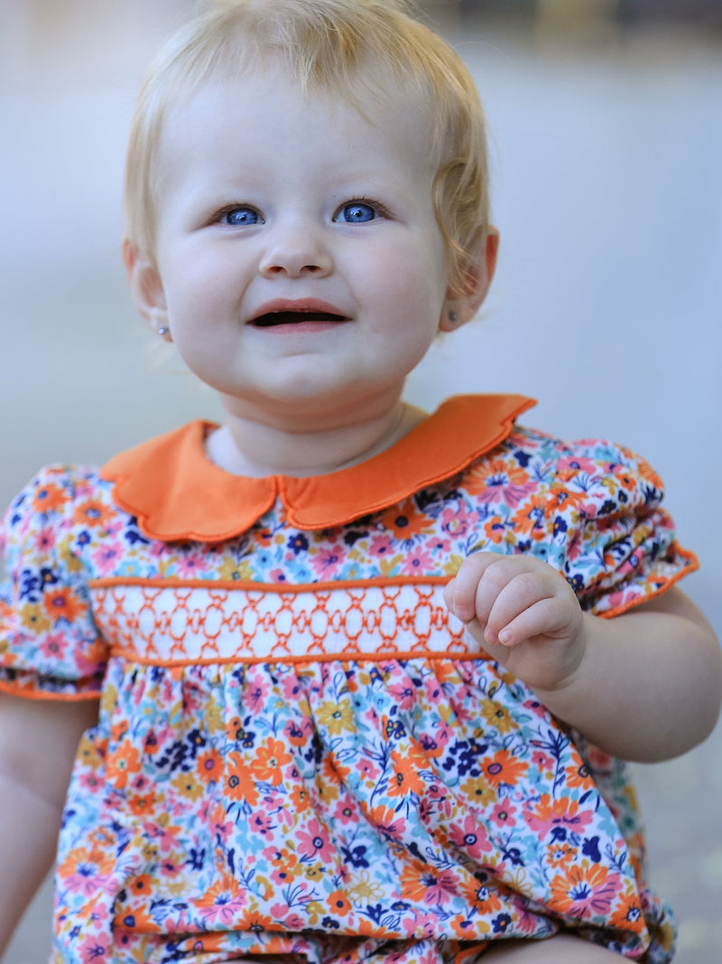 Fall Floral Smocked Petals Collar Girls Bubble Romper - 6