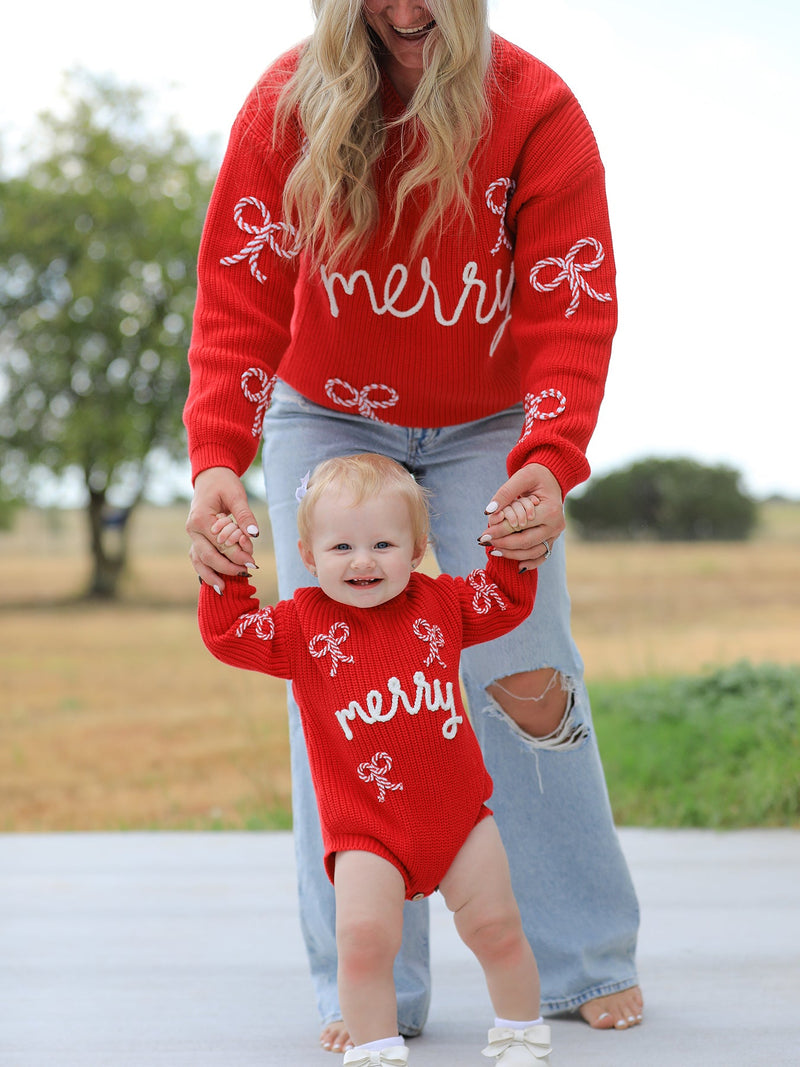 Christmas Candy Cane Merry Knit Baby Romper - 4